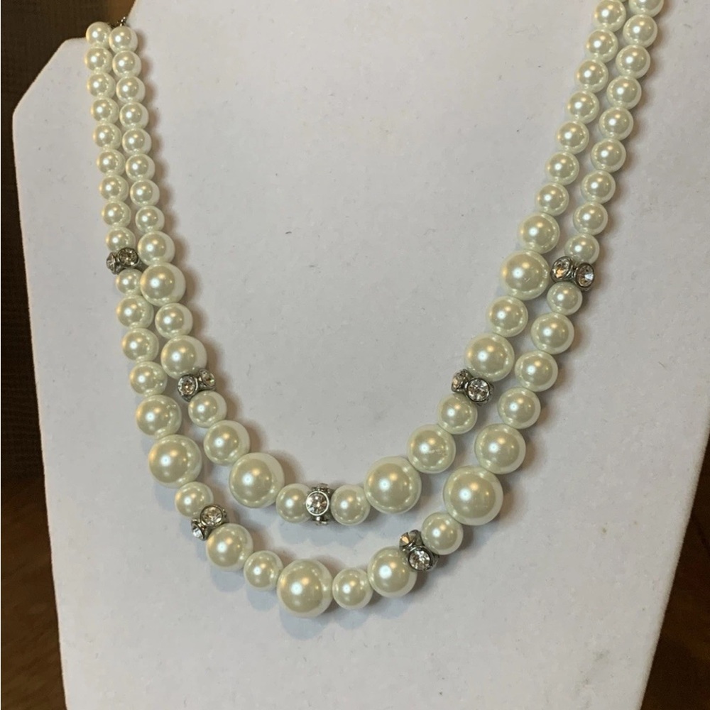 Cream and Silver Double-Strand Necklace with Rhinestone Accents